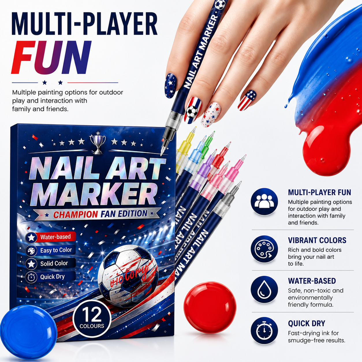 12 Colors Nail Art Pens for Soccer Fans – DIY Game Day Nail Design Set, Quick Dry & Easy to Use