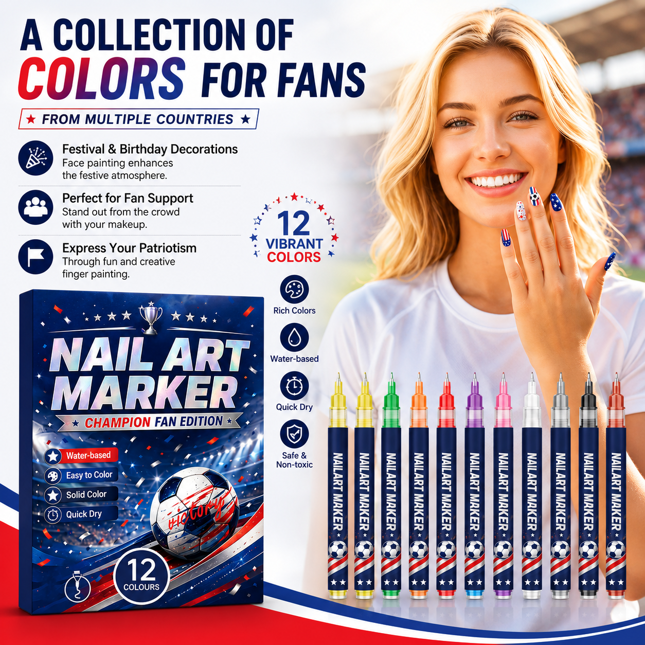 12 Colors Nail Art Pens for Soccer Fans – DIY Game Day Nail Design Set, Quick Dry & Easy to Use