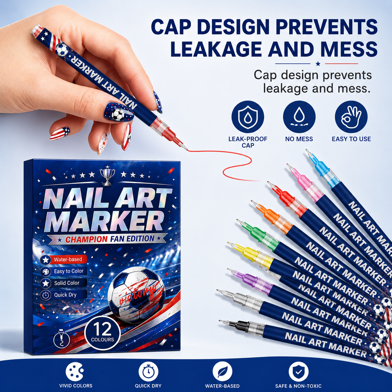 12 Colors Nail Art Pens for Soccer Fans – DIY Game Day Nail Design Set, Quick Dry & Easy to Use